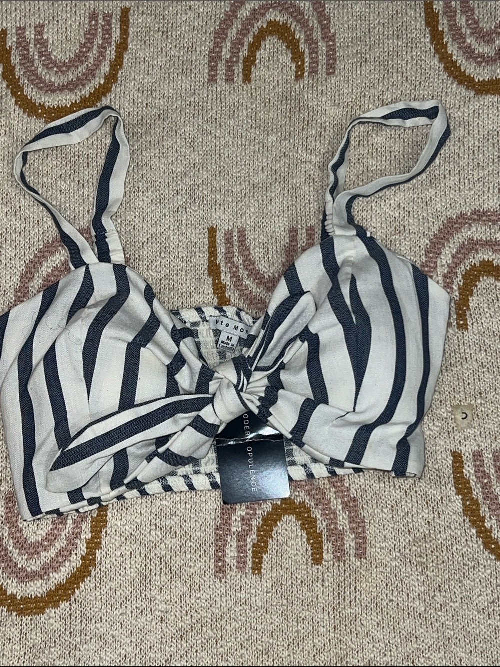 Haute Monde Striped Tie-Front Crop Top - White & Navy size M